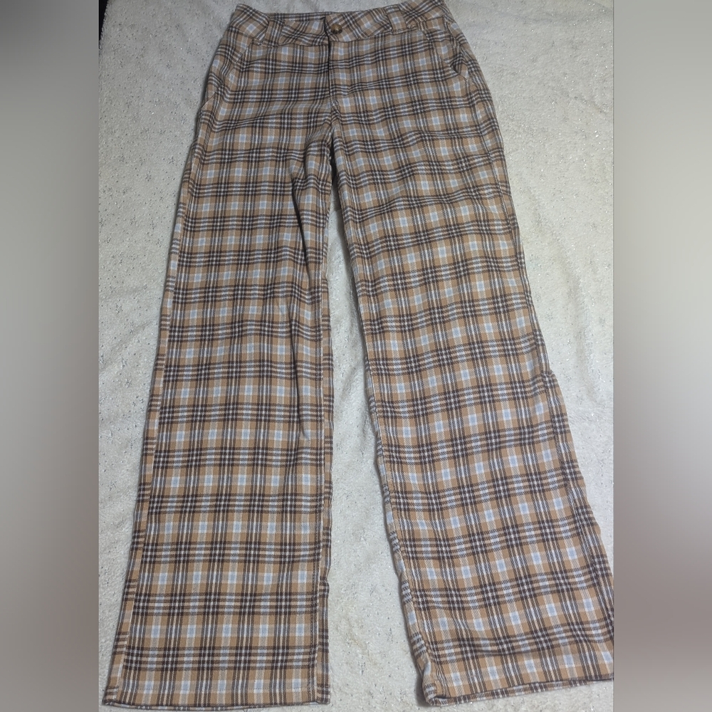 Hollister High-Rise Baggy Plaid Pants – W24 – Brown/Tan Checkered